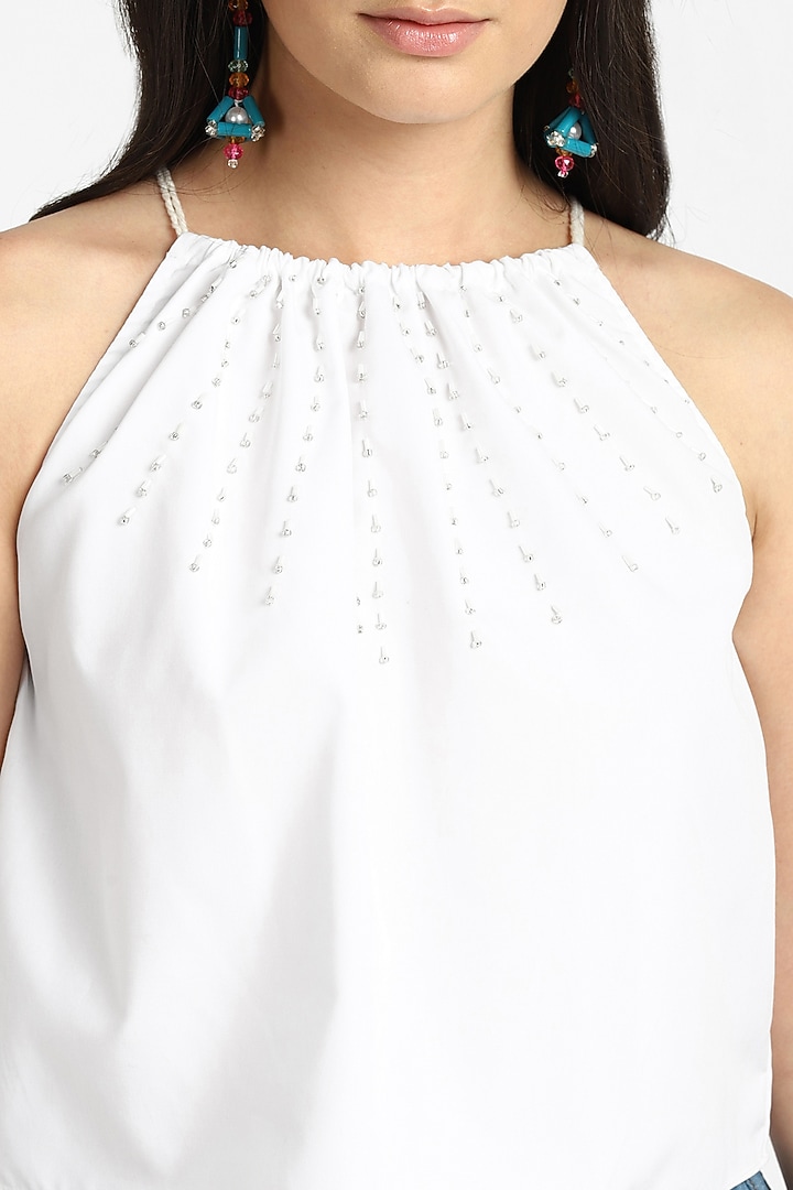 White Cotton Bead Hand Embroidered Cropped Top by NOTRE AME at Pernia's Pop Up Shop