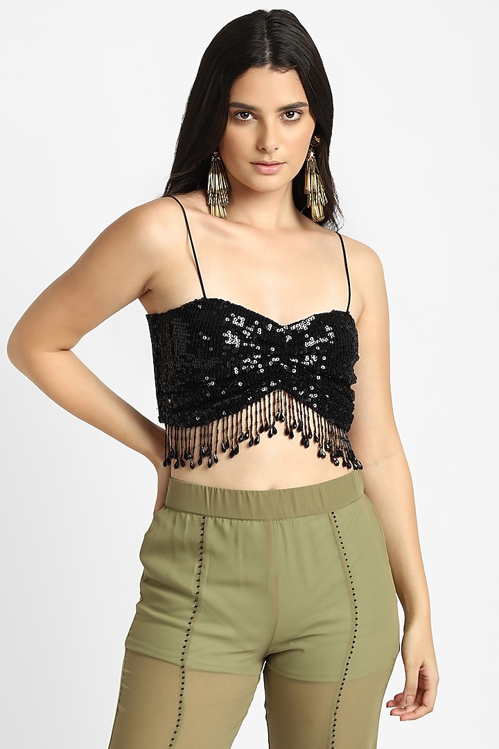 Black Mesh Sequin Embroidered Bralette Design by NOTRE AME at