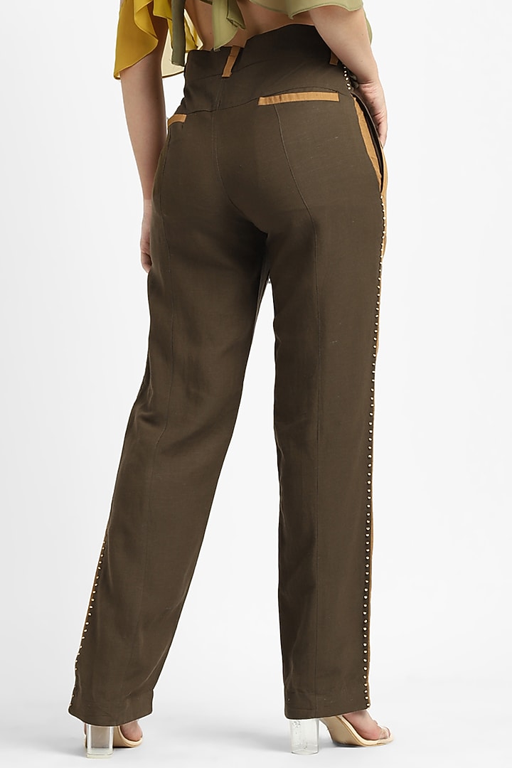 Olive Green & Yellow Linen Pants by NOTRE AME at Pernia's Pop Up Shop