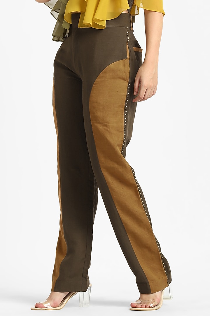 Olive Green & Yellow Linen Pants by NOTRE AME at Pernia's Pop Up Shop