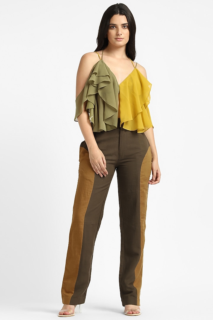 Olive Green & Yellow Linen Pants by NOTRE AME at Pernia's Pop Up Shop