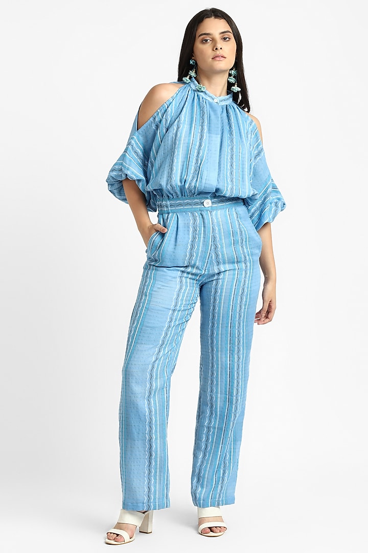 Blue Cotton Jacquard Striped Jumpsuit by NOTRE AME