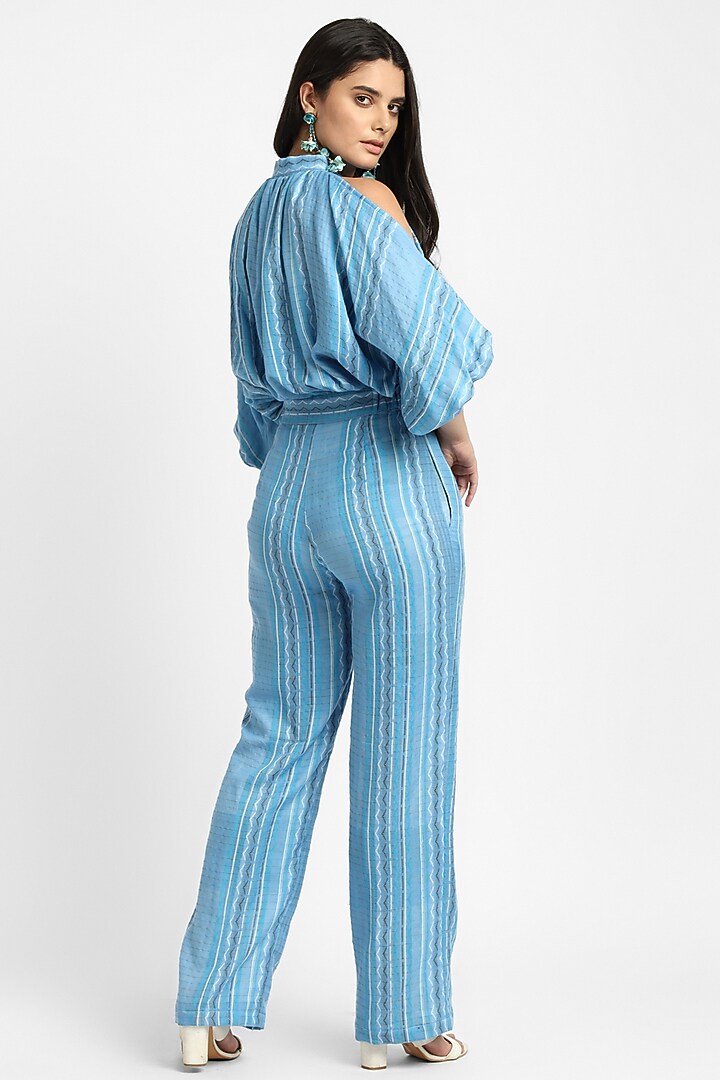 Blue Cotton Jacquard Striped Jumpsuit by NOTRE AME at Pernia's Pop Up Shop