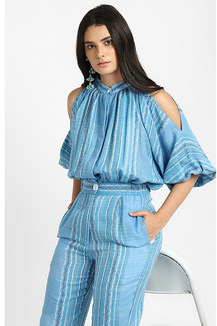 Blue Cotton Jacquard Striped Jumpsuit by NOTRE AME at Pernia's Pop Up Shop