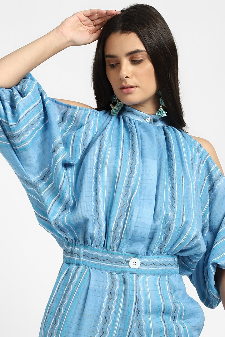 Blue Cotton Jacquard Striped Jumpsuit by NOTRE AME at Pernia's Pop Up Shop