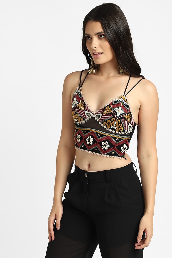 Black Mesh Thread Embroidered Bralette by NOTRE AME
