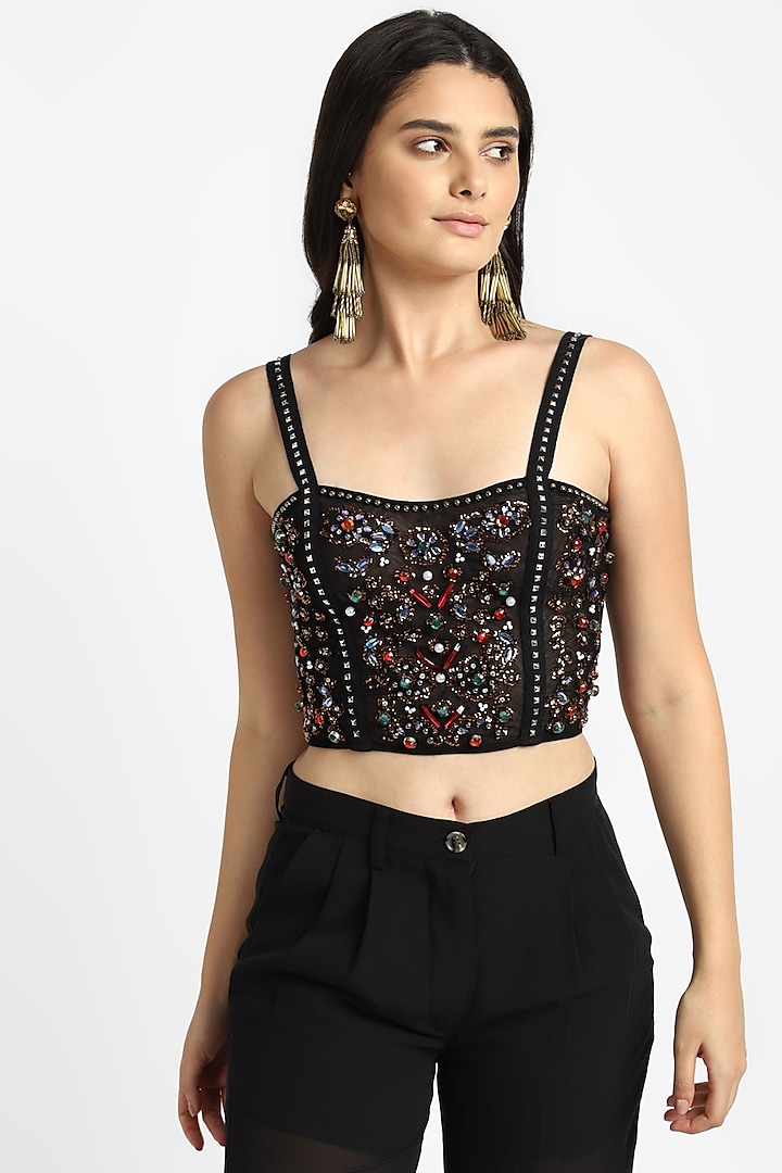 Black Mesh Sequin Embroidered Bralette Design by NOTRE AME at