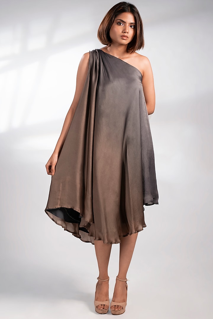 Brown & Grey Ombre One Shoulder Dress by NOTSOSURE