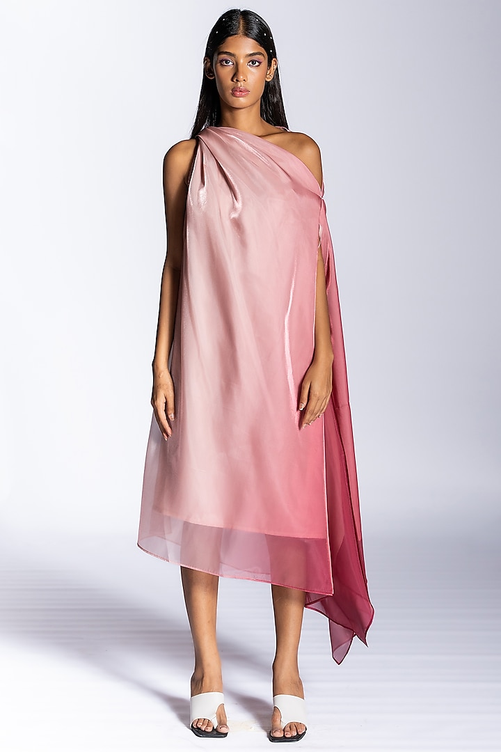 Pink Ombre Organza One-Shoulder Dress by NOTSOSURE