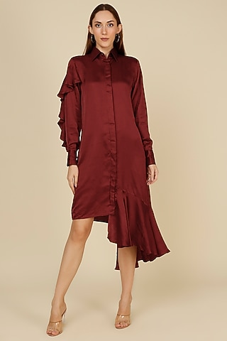 Maroon Raw Silk Ruffled Dress by NOTSOSURE