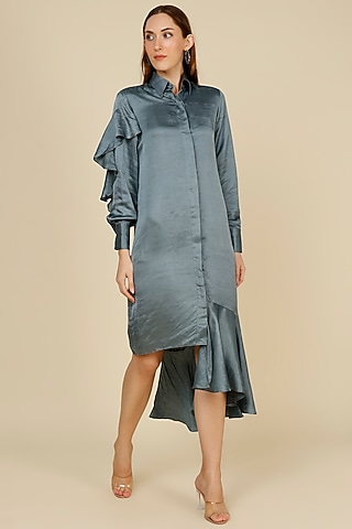 Grey Raw Silk Ruffled Dress by NOTSOSURE