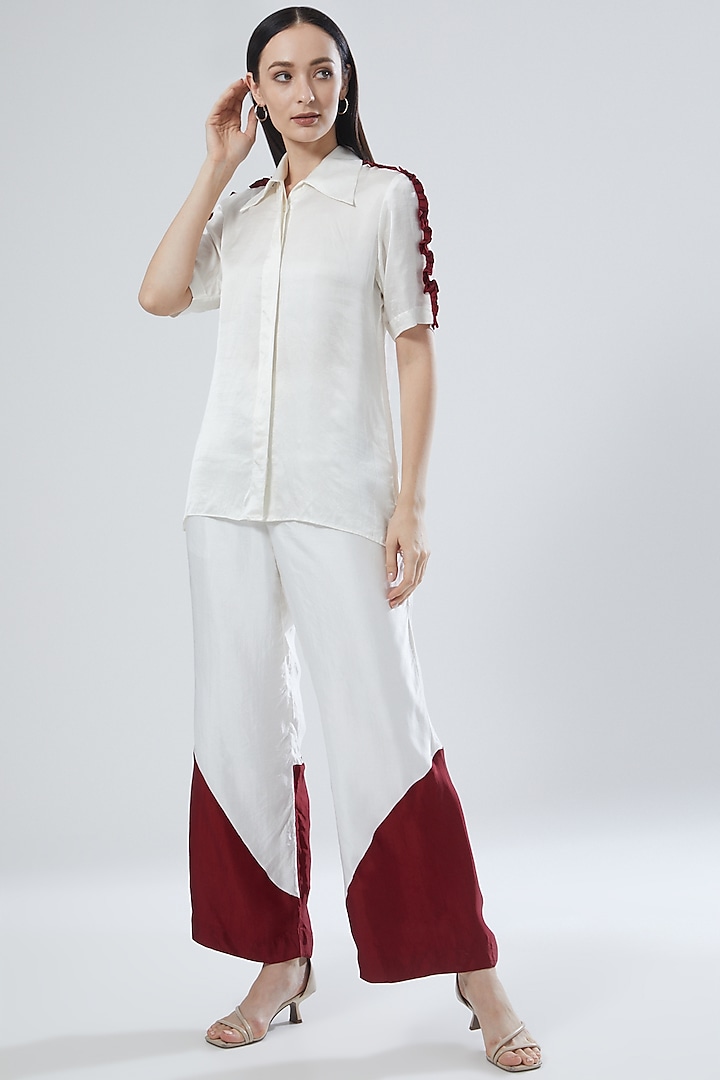 White & Maroon Color-Blocked Pant Set by Not So Sure