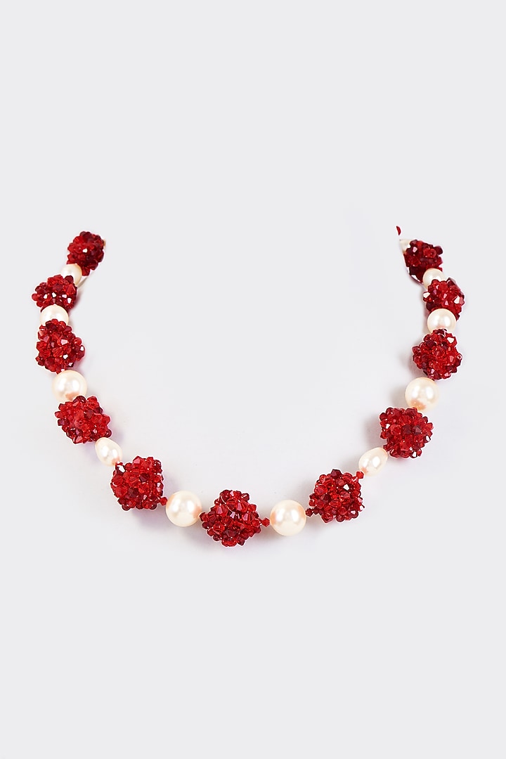 Red Crystal & Swarovski Pearl Necklace by Nour