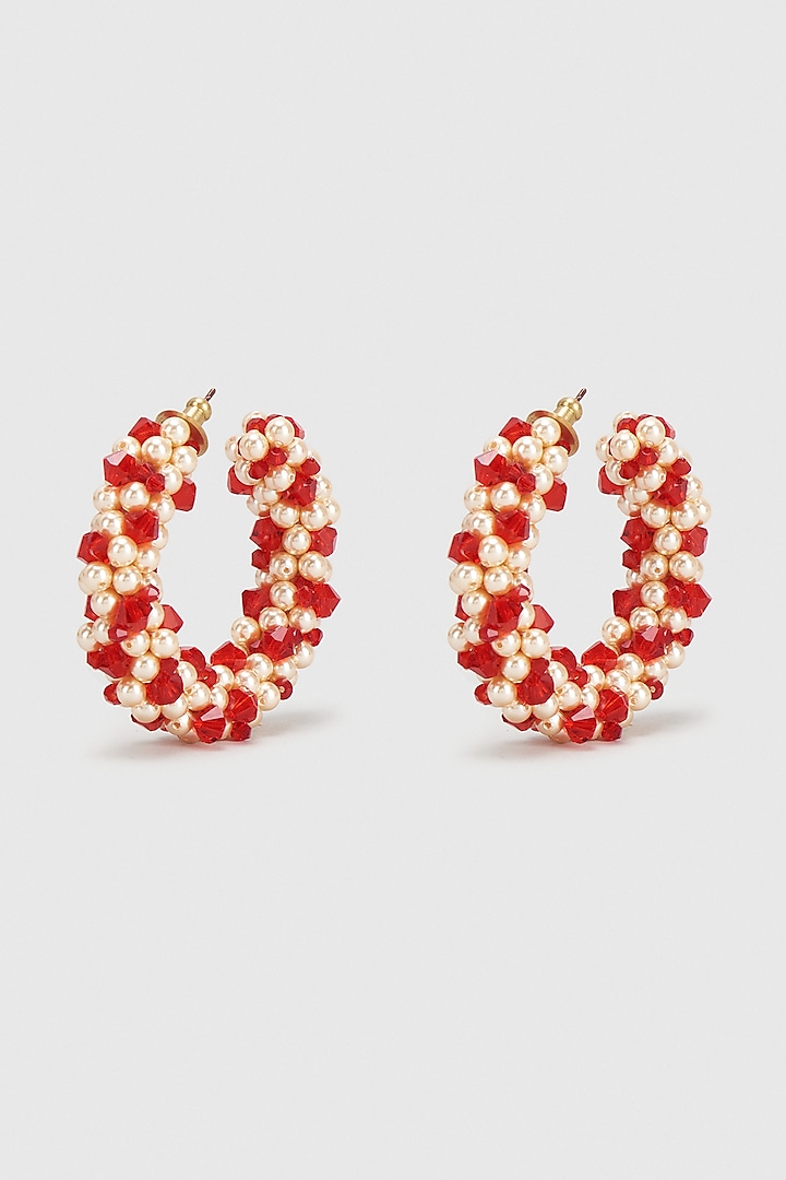 Red Pearl & Xillion Crystals Hoop Earrings by Nour