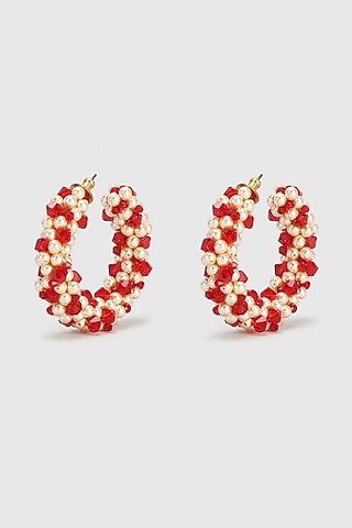 Red Pearl & Xillion Crystals Hoop Earrings by Nour
