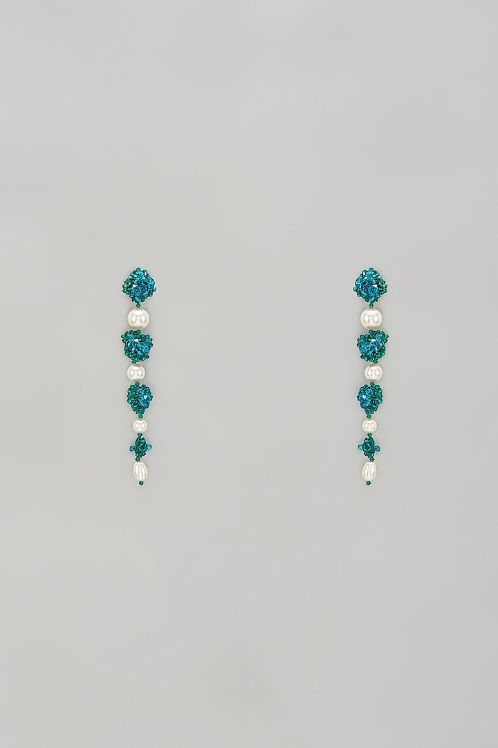 Turquoise Swarovski Pearl & Crystal Dangler Earrings by Nour