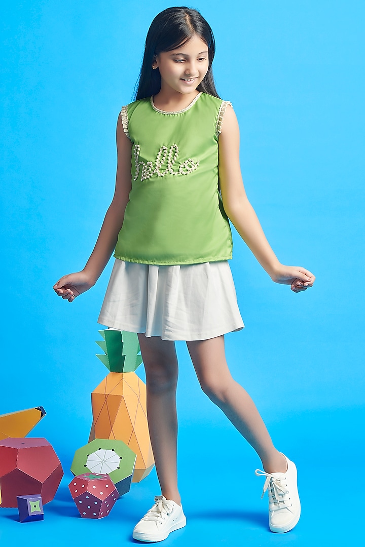 Green Cotton Embroidered Top For Girls by Nino By Vani Mehta at Pernia's Pop Up Shop