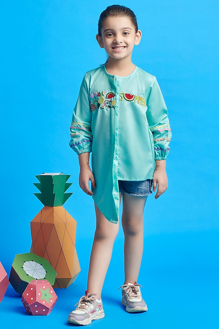 Sea Green Cotton Hand Embroidered Shirt For Girls by Nino By Vani Mehta at Pernia's Pop Up Shop