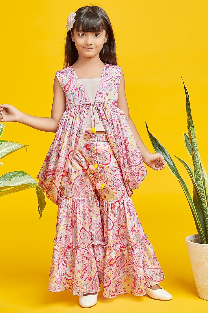 Pink Chinon Floral Printed Sharara Set For Girls by Nino By Vani Mehta at Pernia's Pop Up Shop
