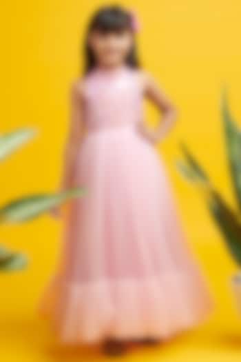 Pink Net Embroidered Gown For Girls by Nino By Vani Mehta