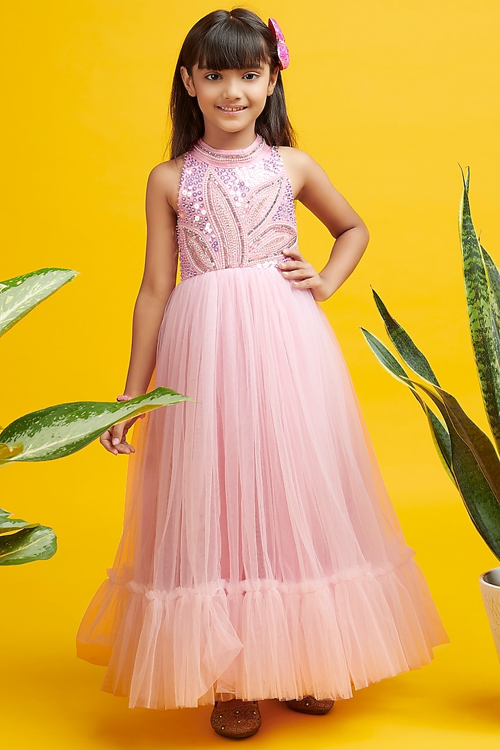 Pink Net Embroidered Gown For Girls by Nino By Vani Mehta