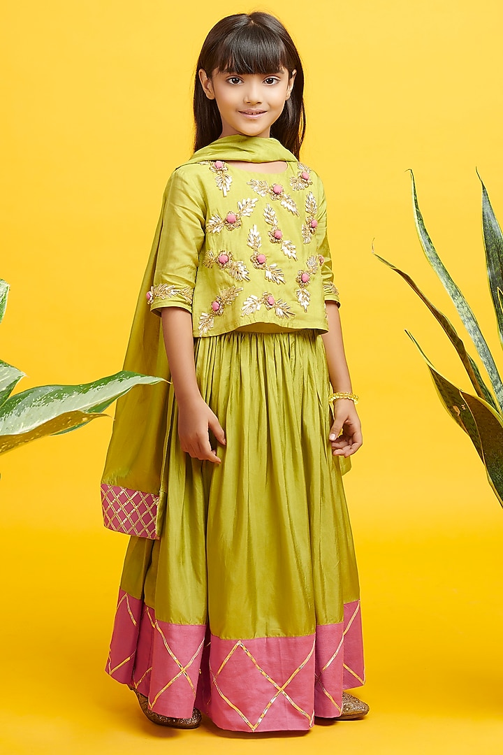 Green & Pink Georgette Silk Lehenga Set For Girls by Nino By Vani Mehta at Pernia's Pop Up Shop