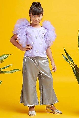 Silver Shimmer Palazzo Pant Set For Girls by Nino By Vani Mehta
