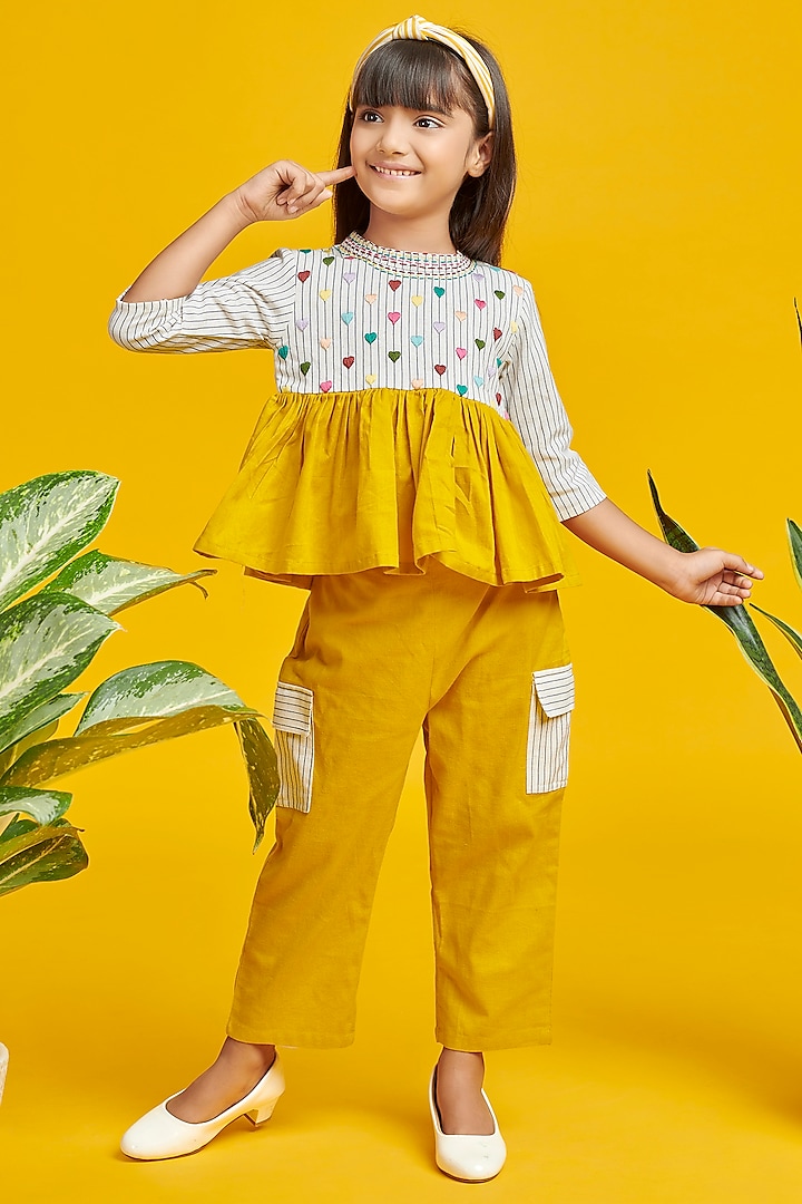 White & Yellow Hand Embroidered Co-Ord Set For Girls by Nino By Vani Mehta at Pernia's Pop Up Shop