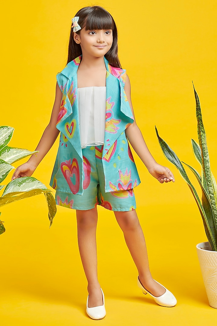 Blue Linen & Organza Printed Co-Ord Set For Girls by Nino By Vani Mehta