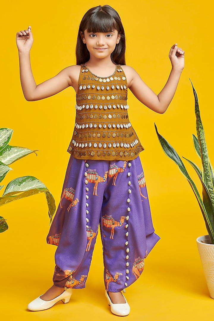 Purple Chinon & Cotton Printed Dhoti Set For Girls by Nino By Vani Mehta