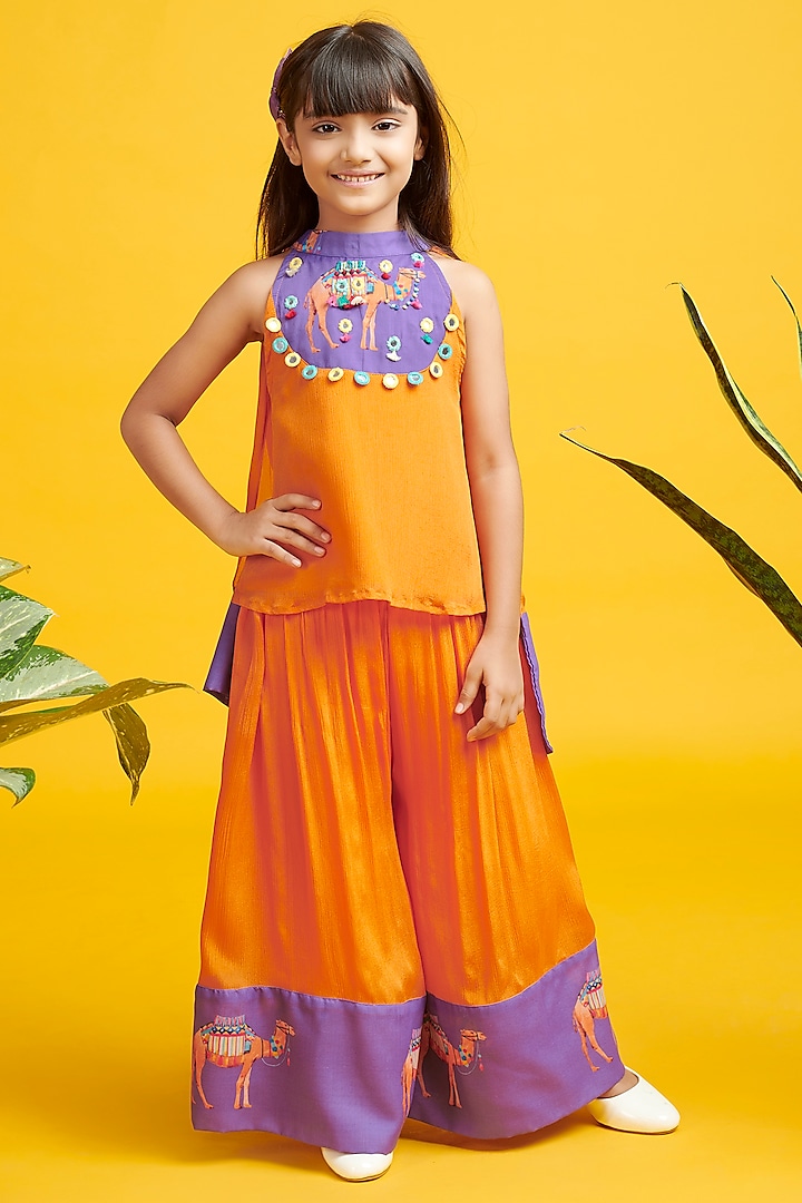 Orange & Purple Chinon Printed & Embroidered Kurta Set For Girls by Nino By Vani Mehta