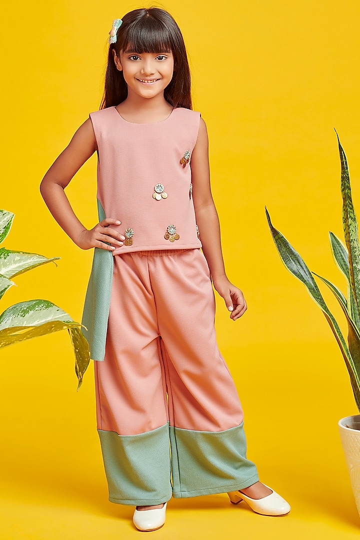 Pink Cord Cotton Hand Embroidered Co-Ord Set For Girls by Nino By Vani Mehta