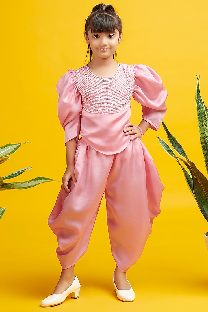 Pink Nysa Silk Cowl Pants Set For Girls by Nino By Vani Mehta