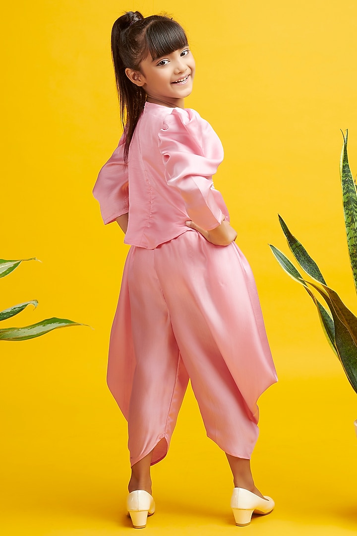 Pink Nysa Silk Cowl Pants Set For Girls by Nino By Vani Mehta at Pernia's Pop Up Shop