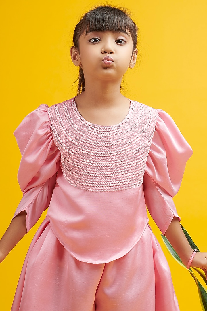 Pink Nysa Silk Cowl Pants Set For Girls by Nino By Vani Mehta at Pernia's Pop Up Shop