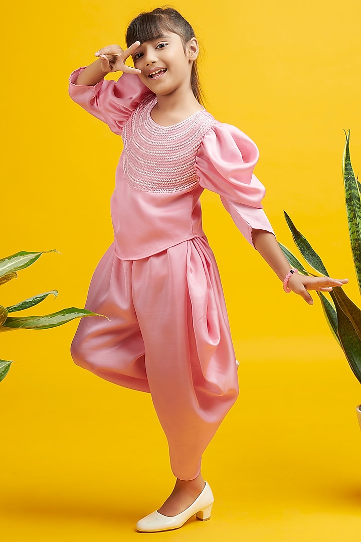 Pink Nysa Silk Cowl Pants Set For Girls by Nino By Vani Mehta at Pernia's Pop Up Shop