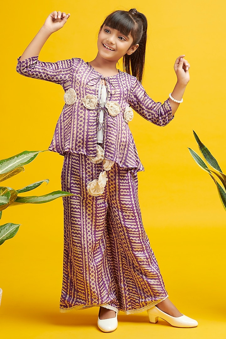 Purple Satin Georgette Bandhani Printed Co-Ord Set For Girls by Nino By Vani Mehta