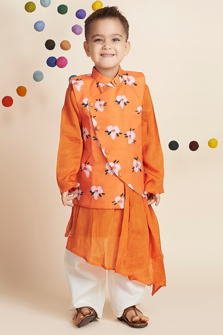 Orange Printed Bundi Jacket With Kurta Set For Boys by Nino By Vani Mehta