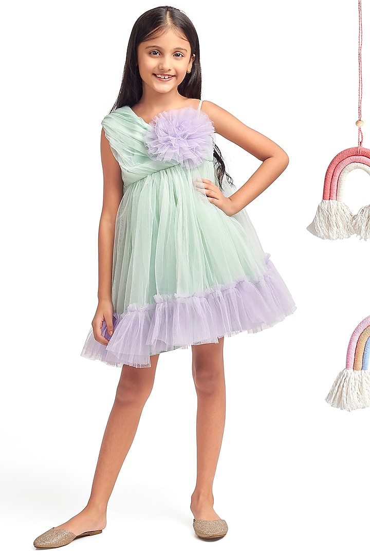 Sea Green Net One-Shoulder Dress For Girls by Nino By Vani Mehta