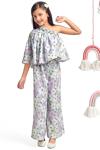 Lavender Printed Pant Set For Girls by Nino By Vani Mehta