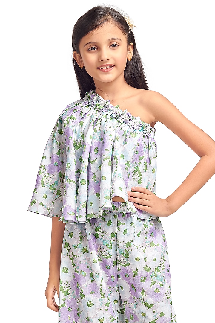 Lavender Printed Pant Set For Girls by Nino By Vani Mehta at Pernia's Pop Up Shop