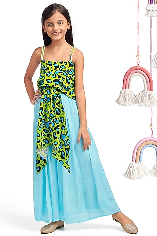 Blue Linen & Chinon Palazzo Pant Set For Girls by Nino By Vani Mehta