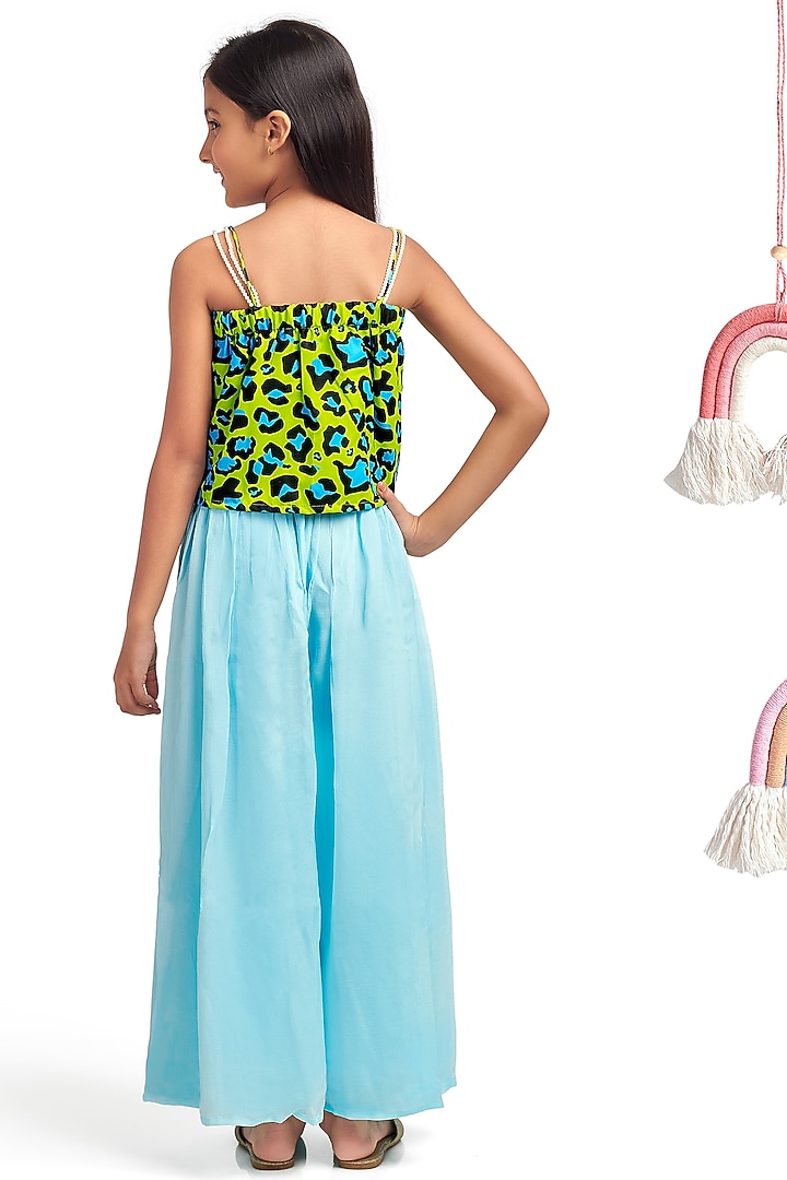 Blue Linen & Chinon Palazzo Pant Set For Girls by Nino By Vani Mehta at Pernia's Pop Up Shop