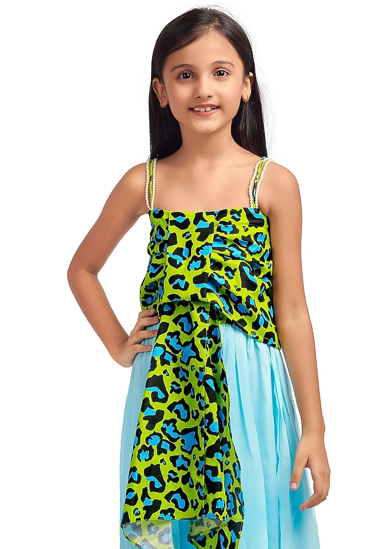 Blue Linen & Chinon Palazzo Pant Set For Girls by Nino By Vani Mehta at Pernia's Pop Up Shop