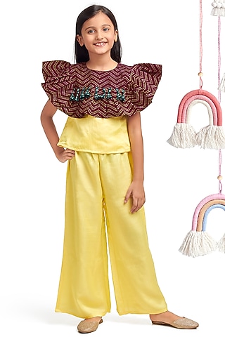 Yellow Silk & Cotton Pant Set For Girls by Nino By Vani Mehta