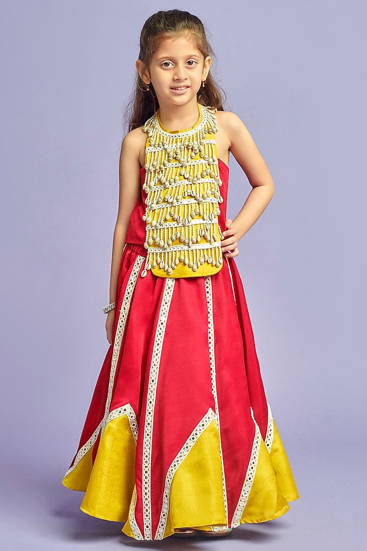 Red & Yellow Nysa Silk Embroidered Lehenga Set For Girls by Nino By Vani Mehta at Pernia's Pop Up Shop