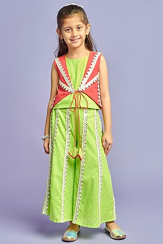 Green Cotton Pants Set For Girls by Nino By Vani Mehta
