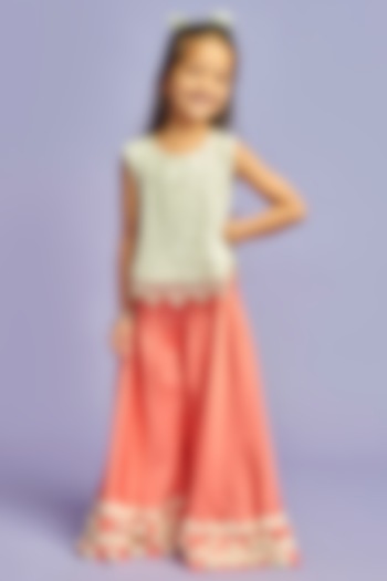 Peach & White Nysa Silk Palazzo Pant Set For Girls by Nino By Vani Mehta at Pernia's Pop Up Shop