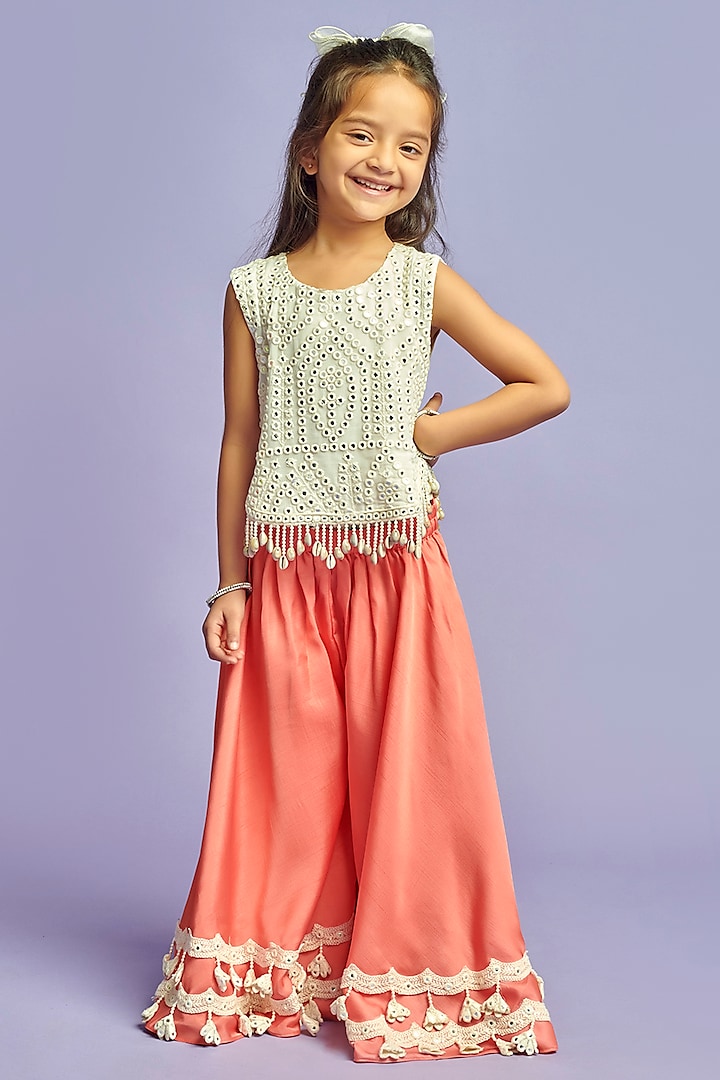 Peach & White Nysa Silk Palazzo Pant Set For Girls by Nino By Vani Mehta at Pernia's Pop Up Shop