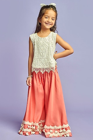 Peach & White Nysa Silk Palazzo Pant Set For Girls by Nino By Vani Mehta